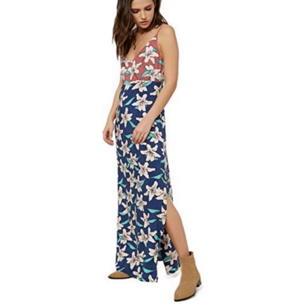 O'Neill Floral Maxi Dress Blue and Rust